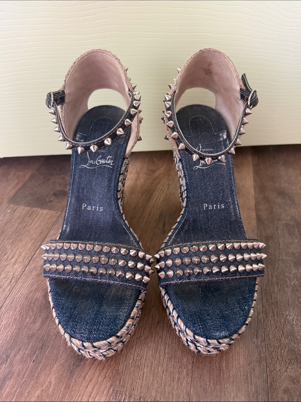 Christian Louboutin Blush Pink Studded Espadrille Wedge Sandals
